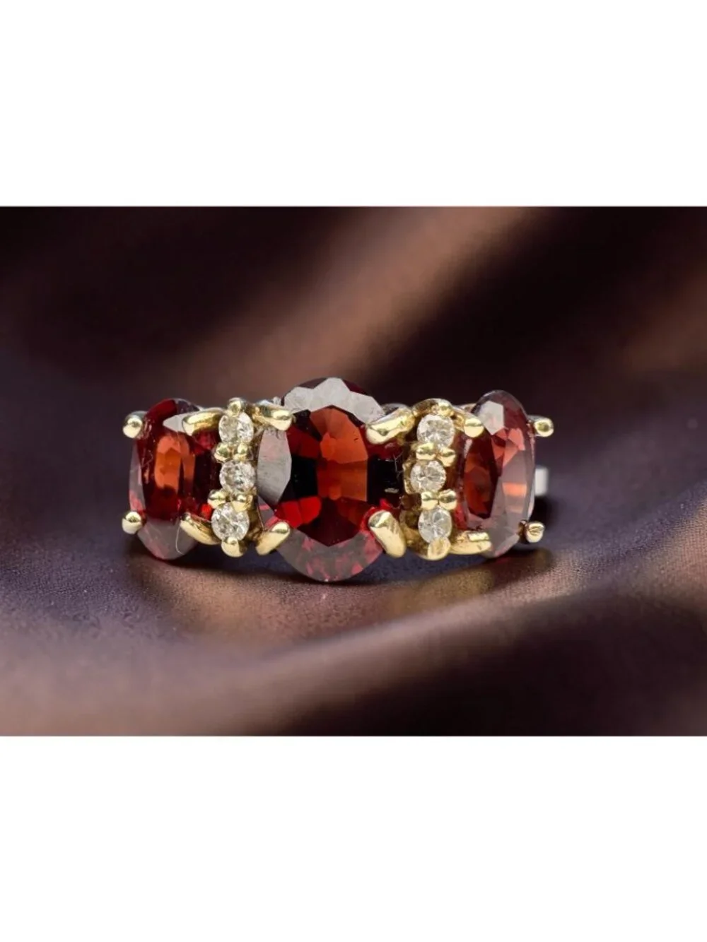 10K Gold Natural Indian Garnet & Diamond Ring 2cttw Three Stone Ring Size 4.5